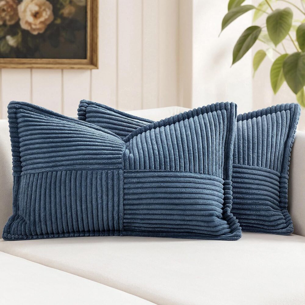 5006 Blue Corduroy Lumbar Pillow Covers 12x20 Inch 12x20 Inch with Splicing
